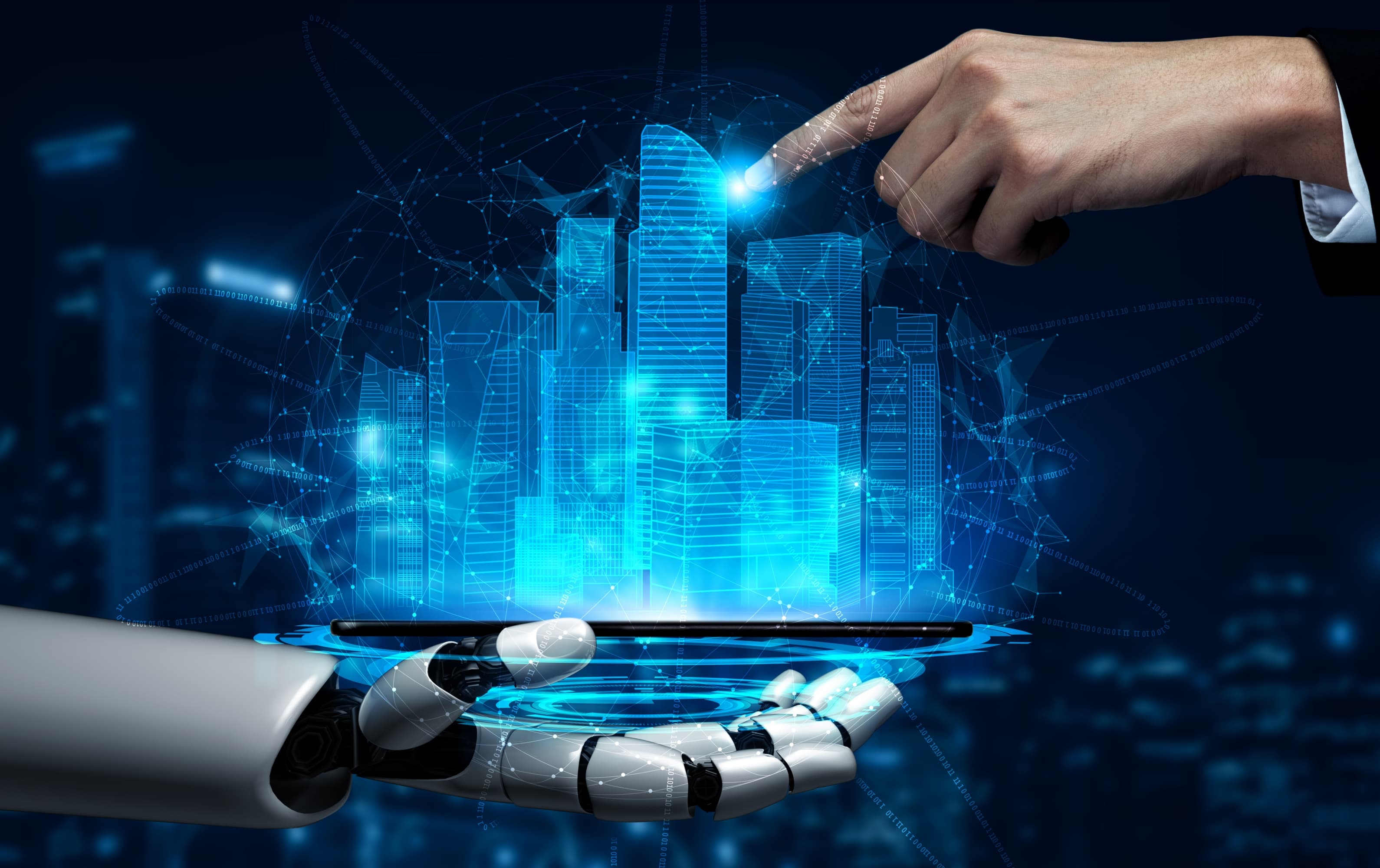 AI and human interaction with digital cityscape representing technology engagement