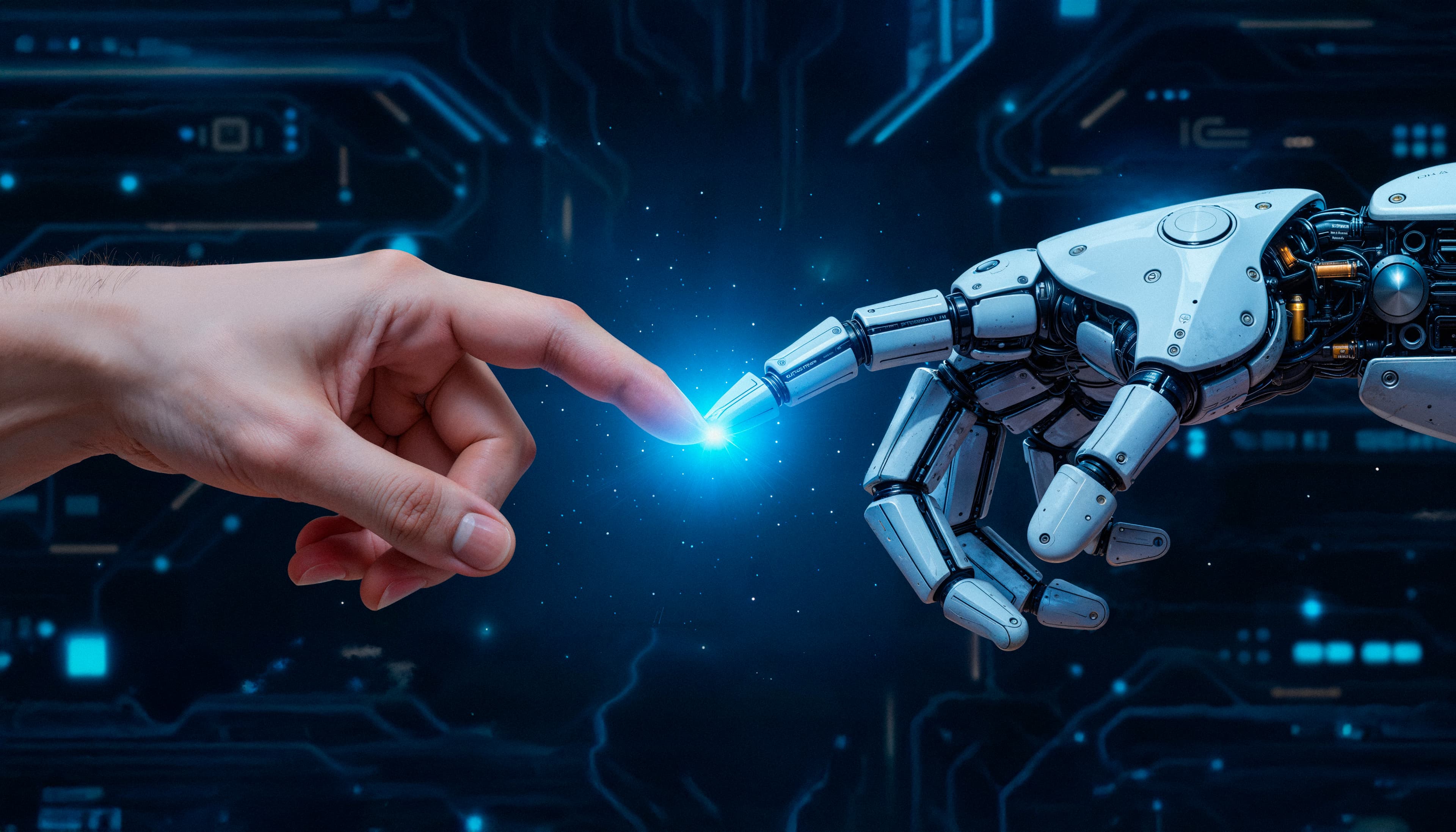 Human hand touching robotic hand representing AI and human connection